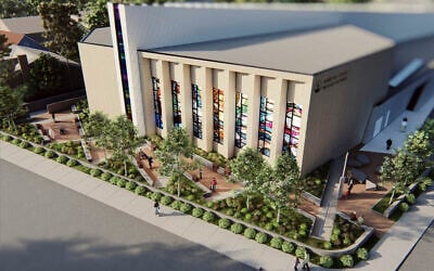 This image provided by Studio Libeskind shows a model with the design of a proposed memorial, lower left, outside the Tree of Life synagogue in Pittsburgh. On Oct 27, 2018, 11 worshippers were killed when a gunman opened fire during services. (Studio Libeskind via AP)