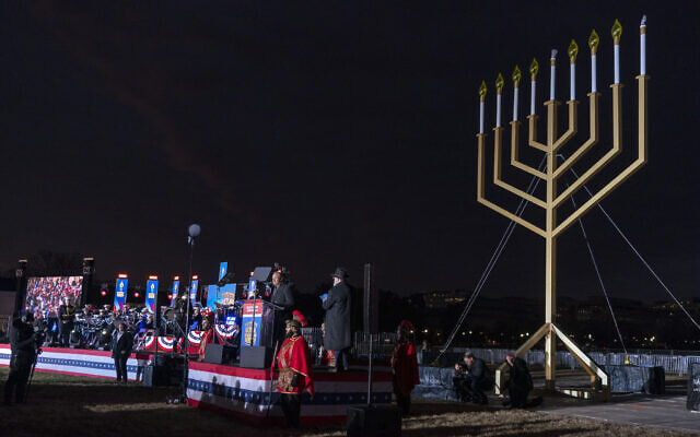 Doug Emhoff, husband of US Vice President Kamala Harris, speaks during the National Chanukah Menorah lighting, December 7, 2023, on the ellipse of the White House complex in Washington. (AP Photo/Jacquelyn Martin) Doug Emhoff, husband of US Vice President Kamala Harris, speaks during the National Chanukah Menorah lighting, December 7, 2023, on the ellipse of the White House complex in Washington. (AP Photo/Jacquelyn Martin)
