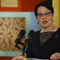 Rabbi Angela Buchdahl speaks during a Hanukkah reception with US President Joe Biden in the East Room of the White House in Washington, December 11, 2023. (Andrew Caballero-Reynolds/Pool via AP)