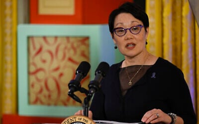 Rabbi Angela Buchdahl speaks during a Hanukkah reception with US President Joe Biden in the East Room of the White House in Washington, Dec. 11, 2023. (Andrew Caballero-Reynolds/Pool via AP)