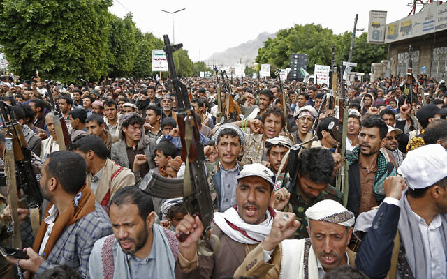 Houthi supporters chant slogans as they attend a rally on March 26, 2023, in Sanaa, Yemen. (AP Photo/Hani Mohammed) Houthi supporters chant slogans as they attend a rally on March 26, 2023, in Sanaa, Yemen. (AP Photo/Hani Mohammed)