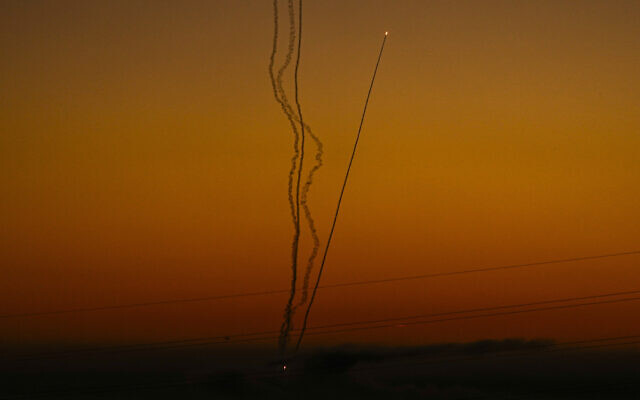 Rockets are fired toward Israel from the Gaza Strip, as seen from southern Israel, December 15, 2023. (AP Photo/Ariel Schalit) Rockets are fired toward Israel from the Gaza Strip, as seen from southern Israel, December 15, 2023. (AP Photo/Ariel Schalit)
