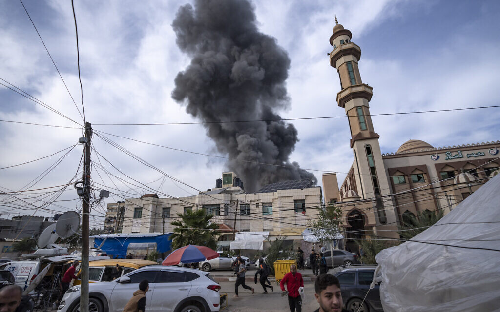 Smoke rises following an Israeli bombardment on Rafah, southern Gaza Strip, December 20, 2023. (Fatima Shbair/AP)