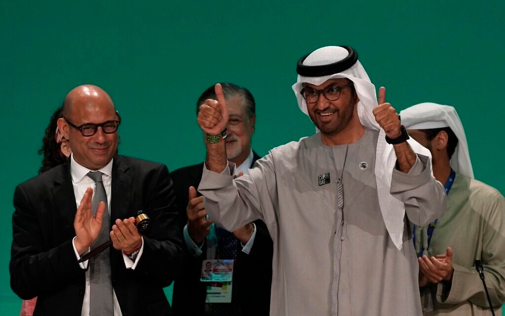 COP28 president Sultan al-Jaber at the end of the COP28 UN Climate Summit, December 13, 2023, in Dubai, United Arab Emirates. (AP Photo/Kamran Jebreili) COP28 president Sultan al-Jaber at the end of the COP28 UN Climate Summit, December 13, 2023, in Dubai, United Arab Emirates. (AP Photo/Kamran Jebreili)
