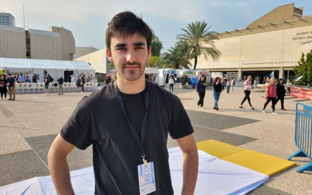 Columbia University student Andrew Stein visits Hostages Square in Tel Aviv on December 27, 2023. (Canaan Lidor/Times of Israel)