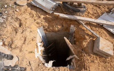 A Hamas tunnel discovered by IDF troops in northern Gaza's Salatin, close to Jabaliya, December 7, 2023. (Emanuel Fabian/Times of Israel)