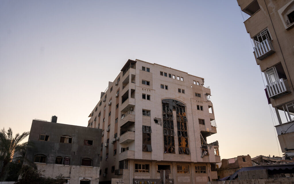 A building in Gaza City's Rimal Neighborhood, where the daughter of Hamas leader Ismail Haniyeh lived, December 19, 2023. (Emanuel Fabian/Times of Israel)