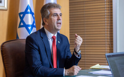 File: Then-Foreign Minister Eli Cohen during an interview in Jerusalem, June 12, 2023. (Yossi Aloni/Flash90)