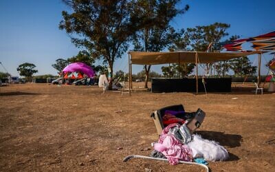 The area of ​​the Supernova festival where hundreds of Israelis were killed and kidnapped by Hamas terrorists in the October 7 terror onslaught, October 12, 2023. (Chaim Goldberg/Flash90)