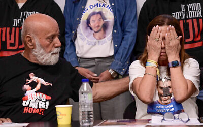 Yael Adar (right) and other relatives of Israelis held hostage by Hamas terrorists in Gaza since the October 7 massacre, at a press conference in Tel Aviv on December 4, 2023. (Tomer Neuberg/Flash90)