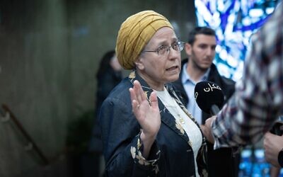Settlements Minister Orit Strock arrives to a government conference at the Prime Minister's Office in Jerusalem, on December 10, 2023. (Yonatan Sindel/ Flash90)