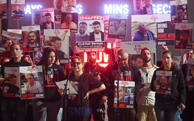 Families of Israelis held hostage by Hamas terrorists in Gaza hold a press conference at "Hostages Square," outside the Tel Aviv Museum of Art, December 16, 2023. (Avshalom Sassoni/Flash90) Families of Israelis held hostage by Hamas terrorists in Gaza hold a press conference at "Hostages Square," outside the Tel Aviv Museum of Art, December 16, 2023. (Avshalom Sassoni/Flash90)