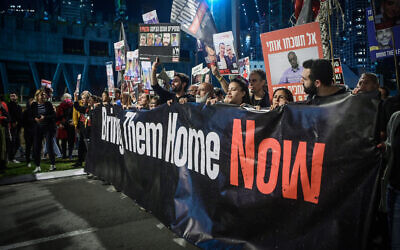 A rally calling for the release of Israelis held hostage by Hamas terrorists in Gaza, at Hostages Square in Tel Aviv, December 16, 2023. (Avshalom Sassoni/Flash90)
