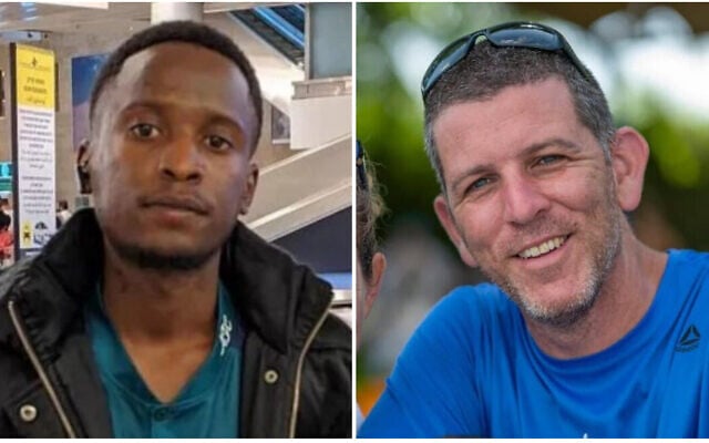 From left to right: Joshua Mollel, a Tanzanian agricultural intern on Nahal Oz who was kidnapped on October 7, 2023, then murdered by Hamas-led terrorists in captivity. (Courtesy); Tal Chaimi (right), here with his wife Ella, was taken captive by Hamas terrorists on October 7, 2023 from Kibbutz Nir Yitzhak. His family was told on December 13, 2023, that he was killed during the October 7 attack. (Courtesy) From left to right: Joshua Mollel, a Tanzanian agricultural intern on Nahal Oz who was kidnapped on October 7, 2023, then murdered by Hamas-led terrorists in captivity. (Courtesy); Tal Chaimi (right), here with his wife Ella, was taken captive by Hamas terrorists on October 7, 2023 from Kibbutz Nir Yitzhak. His family was told on December 13, 2023, that he was killed during the October 7 attack. (Courtesy)