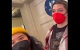 Employees at Farley's East cafe and a neighboring shop in Oakland, California, who sought to block a customer from entering the store's bathroom to film anti-Israel graffiti inside on December 6, 2023. (Screen capture/X)
