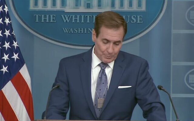 White House National Security Council spokesperson John Kirby speaks during a press briefing on December 13, 2023. (Screen capture/YouTube) White House National Security Council spokesperson John Kirby speaks during a press briefing on December 13, 2023. (Screen capture/YouTube)