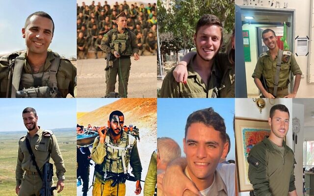 Clockwise from top left: Lt. Col. Tomer Grinberg, Maj. Roei Meldasi, Sgt. Achia Daskal, Maj. Moshe Avram Bar On, Maj. Ben Shelly, Sgt. First Class Rom Hecht, Staff Sgt. Oriya Yaakov and Cpt. Liel Hayo, who were killed fighting against Hamas terrorists in the Gaza Strip on December 12, 2023. (Israel Defense Forces)
