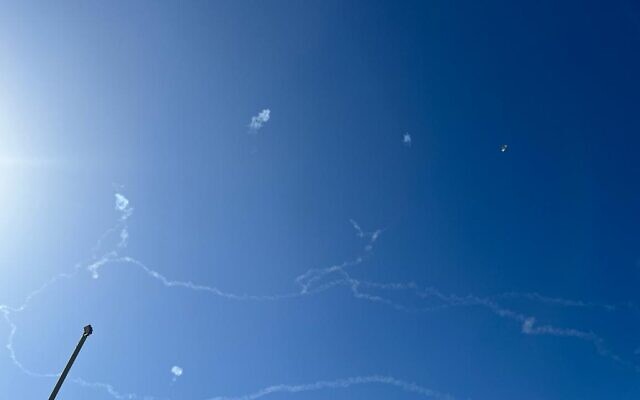 Rocket fire from Gaza above central Israel on December 11, 2023 (Times of Israel)