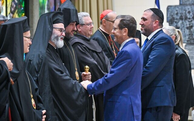 President Isaac Herzog meets with Christian leaders in Jerusalem on December 21, 2023. (Koby Gideon/GPO) President Isaac Herzog meets with Christian leaders in Jerusalem on December 21, 2023. (Koby Gideon/GPO)