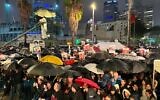 Thousands gather in the rain for December 23, 2023 rally in Tel Aviv to bring home hostages from Gaza (Courtesy Hostages and Missing Families Forum)