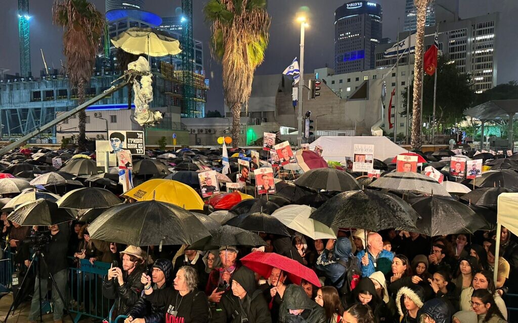 Israelis at a rally for the hostages held by terrorists in Gaza, at Tel Aviv's Hostages Square, December 23, 2023. (Families of Hostages and Missing Forum)