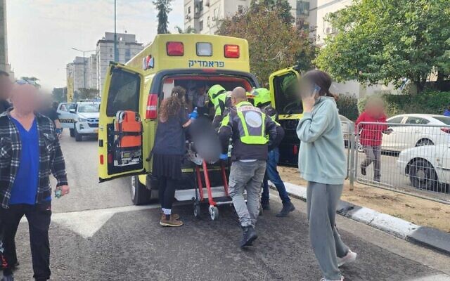 Emergency services at the scene of a stabbing in Lod in which a two-year-old child was seriously injured, December 28, 2023. (Magen David Adom)