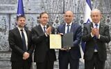 L-R: Finance Minister Bezalel Smotrich, President Isaac Herzog, Bank of Israel Governor Amir Yaron, Prime Minister Benjamin Netanyahu, as a ceremony marking the start of Yaron's second term, in Jerusalem, December 18, 2023. (GPO)