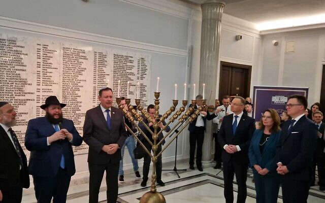 A Hanukkah lighting ceremony at the Polish Parliament, December 14, 2023. (Magda Dorosz Schudrich)