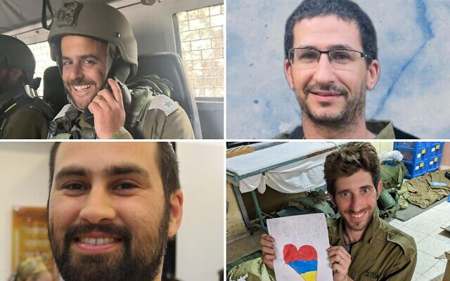 From top left, clockwise: Maj. Gal Becher, Maj. (res.) Eviatar Cohen, Sgt. Maj. (res.) Etay Perry, and Sgt. Maj. (res.) Gideon Ilani. Cohen, Ilani, and Perry were killed fighting in Gaza on December 10, 2023. Becher was killed in a military traffic collision in southern Israel. (Israel Defense Forces)