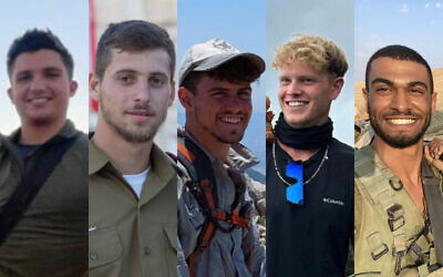 L-R: Sgt. First Class Urija Bayer, Sgt. First Class Liav Aloush, Master Sgt. (res.) Etan Naeh, Master Sgt. (res.) Tal Filiba, Sgt. First Class (res.) Lidor Yosef Karavani who were killed in fighting in the Gaza Strip on December 17, 2023 (courtesy)