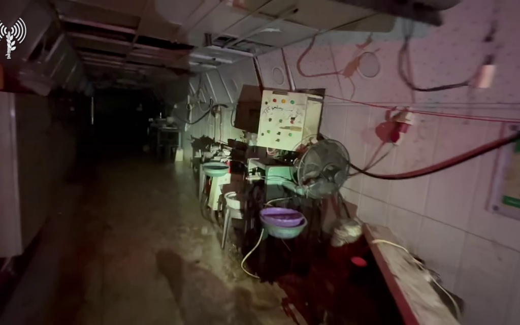 A screenshot from a video of a large Hamas tunnel network found in northern Gaza’s Jabaliya camp and revealed by the IDF on December 24, 2023. (Israel Defense Forces)