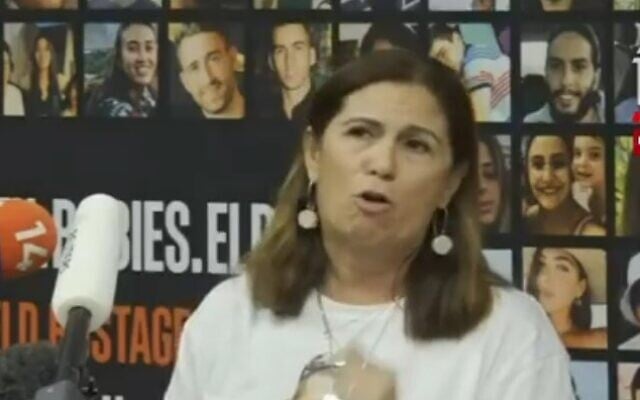 Yael Adar, whose son Tamir Adar is held hostage in Gaza, speaks at a press conference on December 4, 2023 (Screenshot; used in accordance with clause 27a of the copyright law)