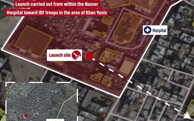 This infographic released by the IDF on January 16, 2024, shows the location of a rocket launch near Nasser Hospital in southern Gaza's Khan Younis. (Israel Defense Forces)