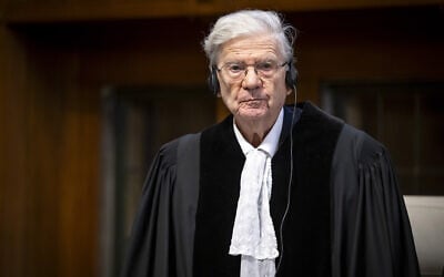 Retired Supreme Court President Aharon Barak sworn in as Israel’s appointee to the bench at the International Court of Justice in The Hague, January 11, 2024 (ICJ)