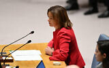 Tanja Fajon, Deputy Prime Minister and Minister for Foreign and European Affairs speaks during a UN Security Council meeting on the situation in the Middle East, and the Israel-Hamas war at the United Nations headquarters in New York City, November 29, 2023. (Andrea Renault/AFP)