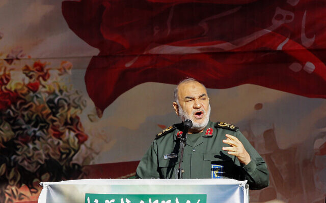 Head of Iran's Islamic Revolutionary Guard Corps (IRGC) Hossein Salami speaks during a funeral procession carrying the remains of 110 Iranian soldiers recovered from former battlefields of the Iran-Iraq war (1980-1988), in Tehran on December 17, 2023. (AFP) Head of Iran's Islamic Revolutionary Guard Corps (IRGC) Hossein Salami speaks during a funeral procession carrying the remains of 110 Iranian soldiers recovered from former battlefields of the Iran-Iraq war (1980-1988), in Tehran on December 17, 2023. (AFP)