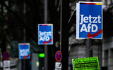 File: Election placards for the far-right Alternative fuer Deutschland (AfD) party are tied to lamp posts in Berlin ahead of elections, January 2, 2024. (John MacDougall/AFP)