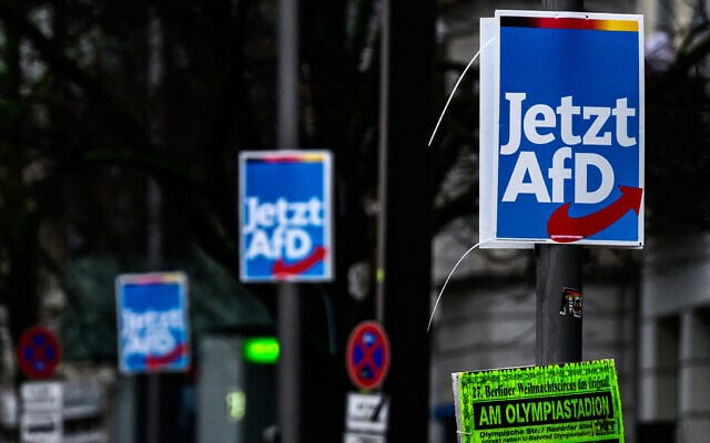 File: Election placards for the far-right Alternative fuer Deutschland (AfD) party are tied to lamp posts in Berlin ahead of elections, January 2, 2024. (John MacDougall/AFP) File: Election placards for the far-right Alternative fuer Deutschland (AfD) party are tied to lamp posts in Berlin ahead of elections, January 2, 2024. (John MacDougall/AFP)