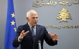 Josep Borrell, High Representative of the European Union for Foreign Affairs and Security Policy, speaks at a joint press conference with Lebanon's foreign minister following their meeting in Beirut on January 6, 2024. (Anwar Amro/AFP)