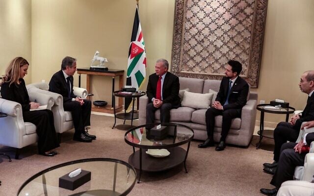 Jordan's King Abdullah II (center right) receiving US Secretary of State Antony Blinken (second from left) in Amman on January 7, 2024 in this handout photo. (Jordanian Royal Palace / AFP) Jordan's King Abdullah II (center right) receiving US Secretary of State Antony Blinken (second from left) in Amman on January 7, 2024 in this handout photo. (Jordanian Royal Palace / AFP)