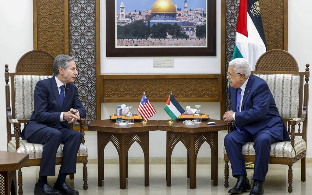 US Secretary of State Antony Blinken (L) meets with Palestinian Authority President Mahmoud Abbas in Ramallah in the West Bank on January 10, 2024. (Photo by EVELYN HOCKSTEIN / POOL / AFP)