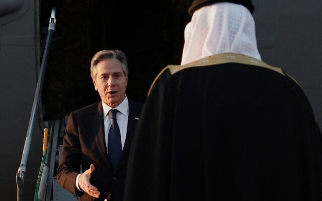 US Secretary of State Antony Blinken (L) is received by Bahrain's Foreign Minister Abdullatif bin Rashid al-Zayani upon his arrival in Manama, January 10, 2024. (Evelyn Hockstein/Pool/AFP) US Secretary of State Antony Blinken (L) is received by Bahrain's Foreign Minister Abdullatif bin Rashid al-Zayani upon his arrival in Manama, January 10, 2024. (Evelyn Hockstein/Pool/AFP)