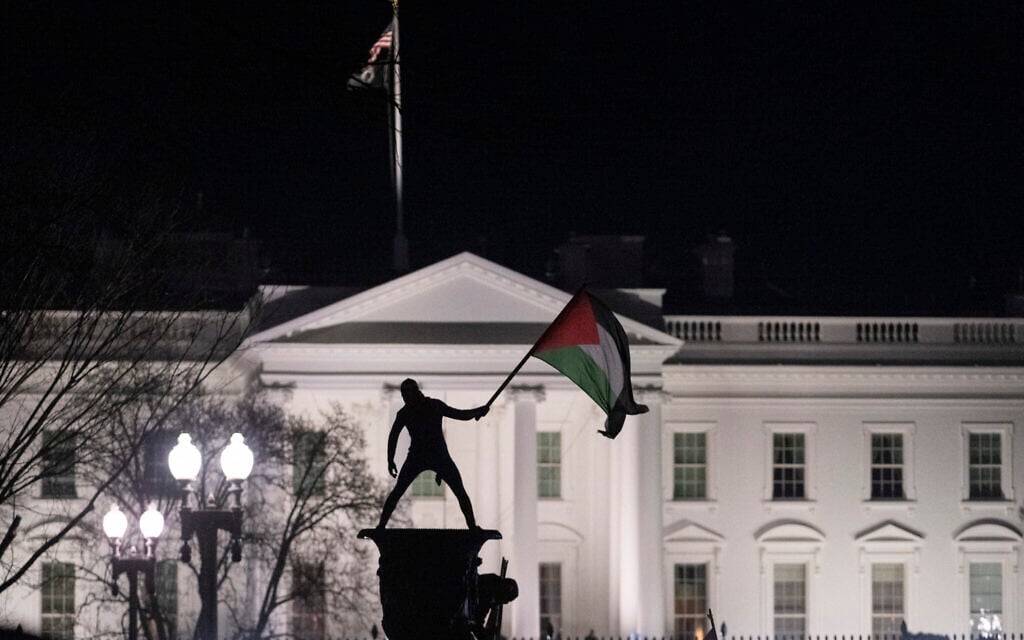 A pro-Palestinian demonstrator waves a Palestinian flag near the White House during the "March on Washington for Gaza" in Washington, DC, on January 13, 2024. (Roberto Schmidt/AFP)