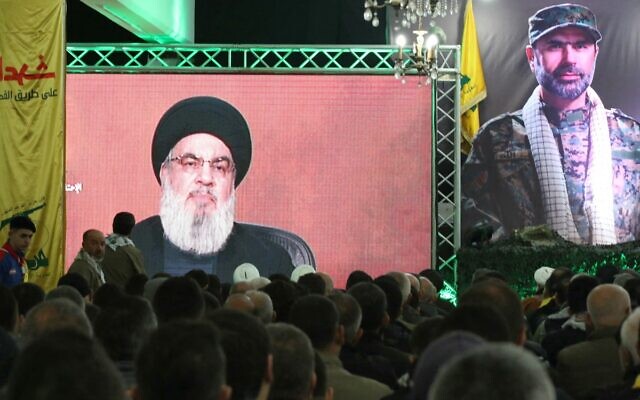 Hezbollah leader Hassan Nasrallah delivers a televised speech in Kherbet Selm in southern Lebanon on January 14, 2024. (Mahmoud ZAYYAT / AFP) Hezbollah leader Hassan Nasrallah delivers a televised speech in Kherbet Selm in southern Lebanon on January 14, 2024. (Mahmoud ZAYYAT / AFP)