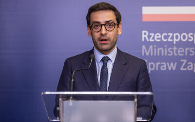 File: French Foreign Minister Stephane Sejourne speaks during a joint press conference with his Polish counterpart in Warsaw, on January 15, 2024. (Wojtek Radwanski/AFP)