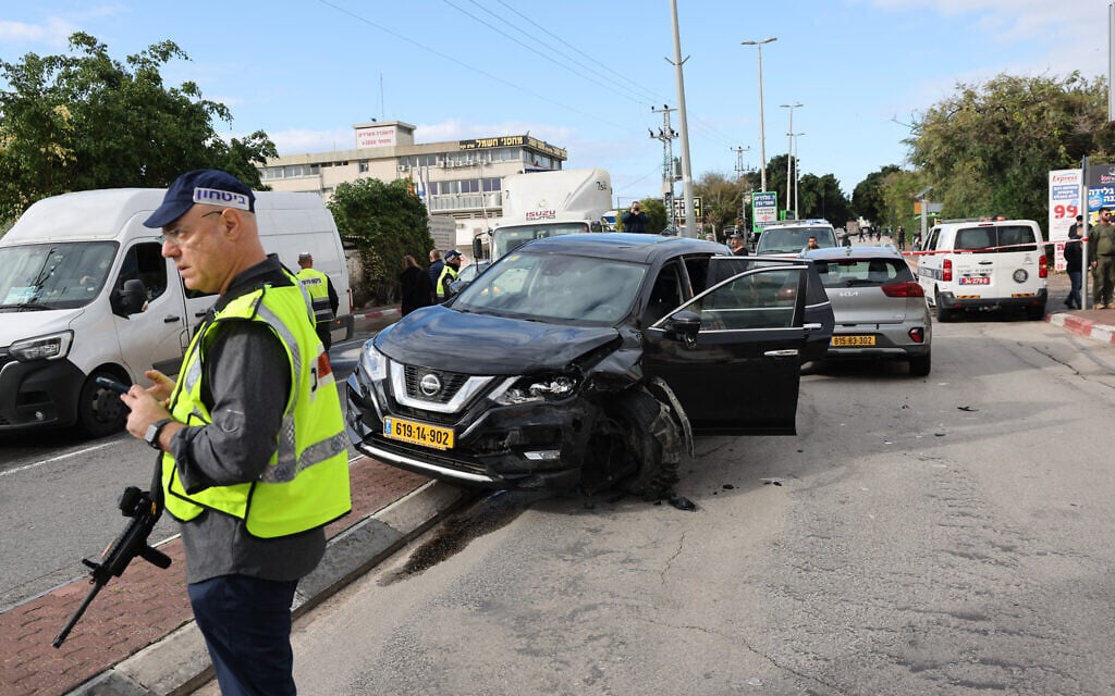 The scene of a terror attack in Ra'anana, on January 15, 2024. (JACK GUEZ / AFP)
