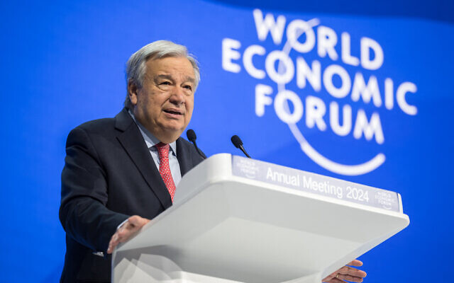 UN Secretary-General Antonio Guterres addresses the assembly during the World Economic Forum (WEF) meeting in Davos on January 17, 2024. (Photo by Fabrice COFFRINI / AFP) UN Secretary-General Antonio Guterres addresses the assembly during the World Economic Forum (WEF) meeting in Davos on January 17, 2024. (Photo by Fabrice COFFRINI / AFP)