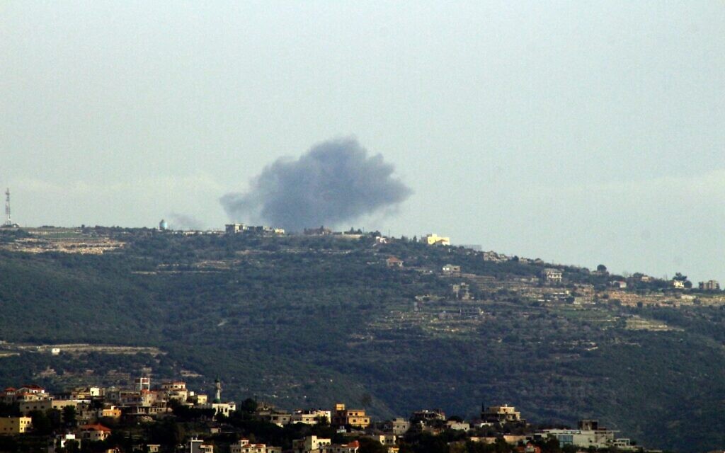 Smoke billows from the site of an Israeli airstrike that targeted the outskirts of the southern Lebanese village of Ramia on January 17, 2024. (KAWNAT HAJU / AFP)