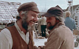 Director Norman Jewison, right, and star Topol as Tevye on the set of the film version of "Fiddler on the Roof." (Zeitgeist Films in association with Kino Lorber via JTA)