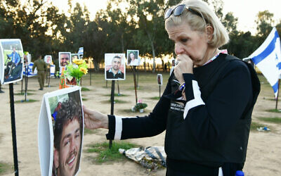 National Hadassah president Carol Ann Schwartz visits the site of the October 7, 2023 Hamas massacre at the Supernova music festival site, January 2024. (Avi Hayun)